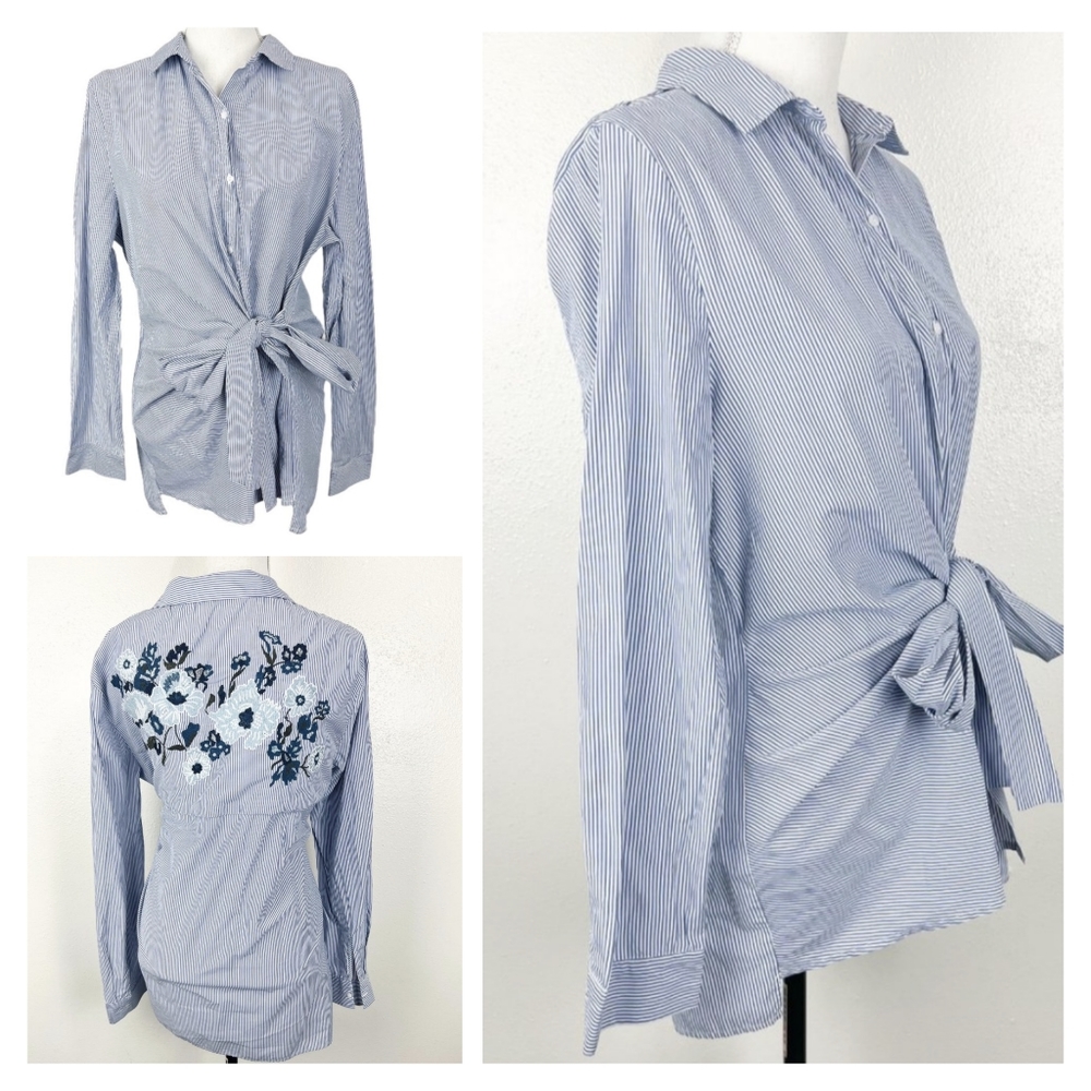 Zara Chambray Stripe Floral Embroidered Knotted Tie Button Up Top